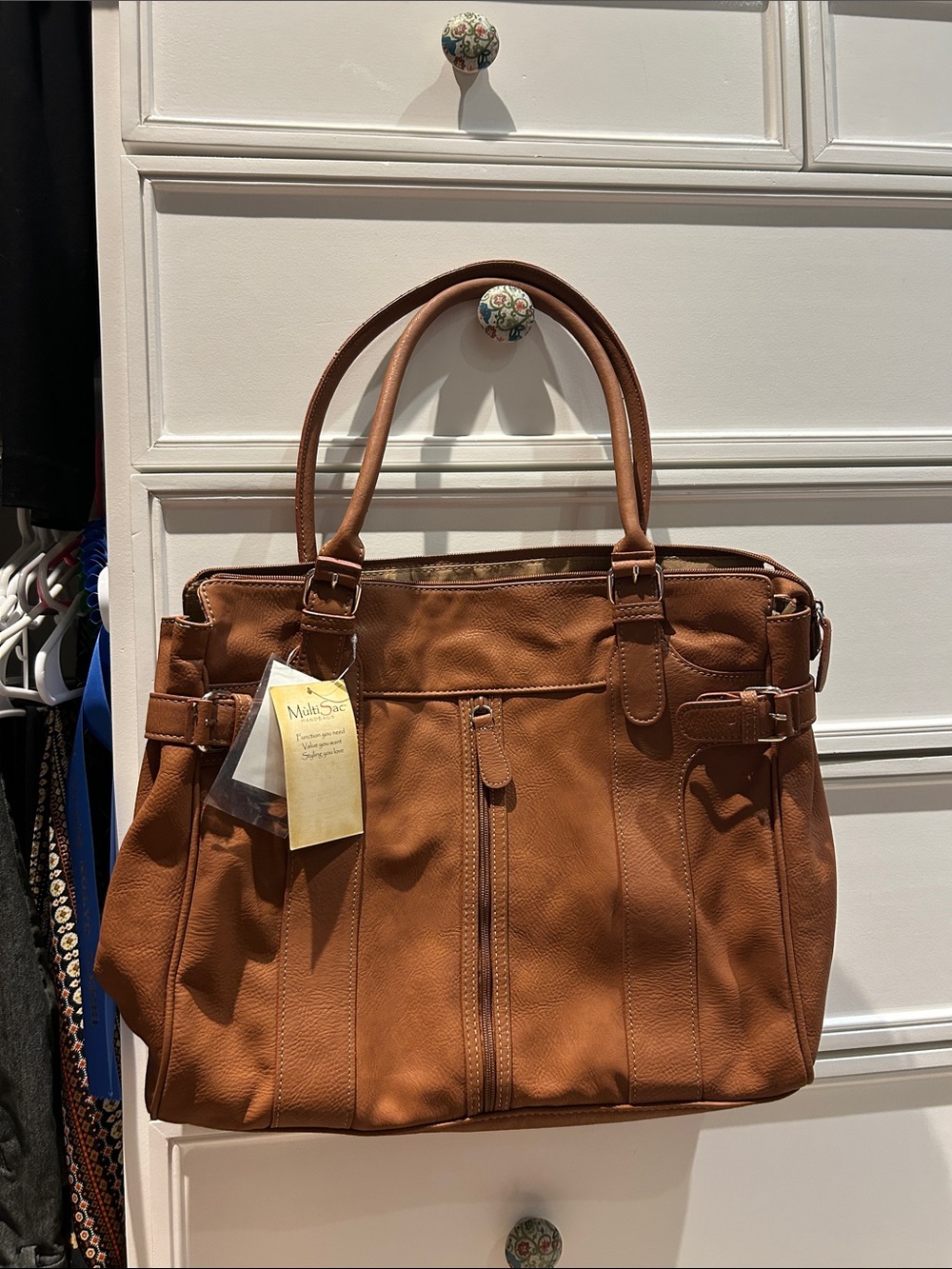 MultiSac Cognac Leather Shoulder Tote with Interior Zip Pocket